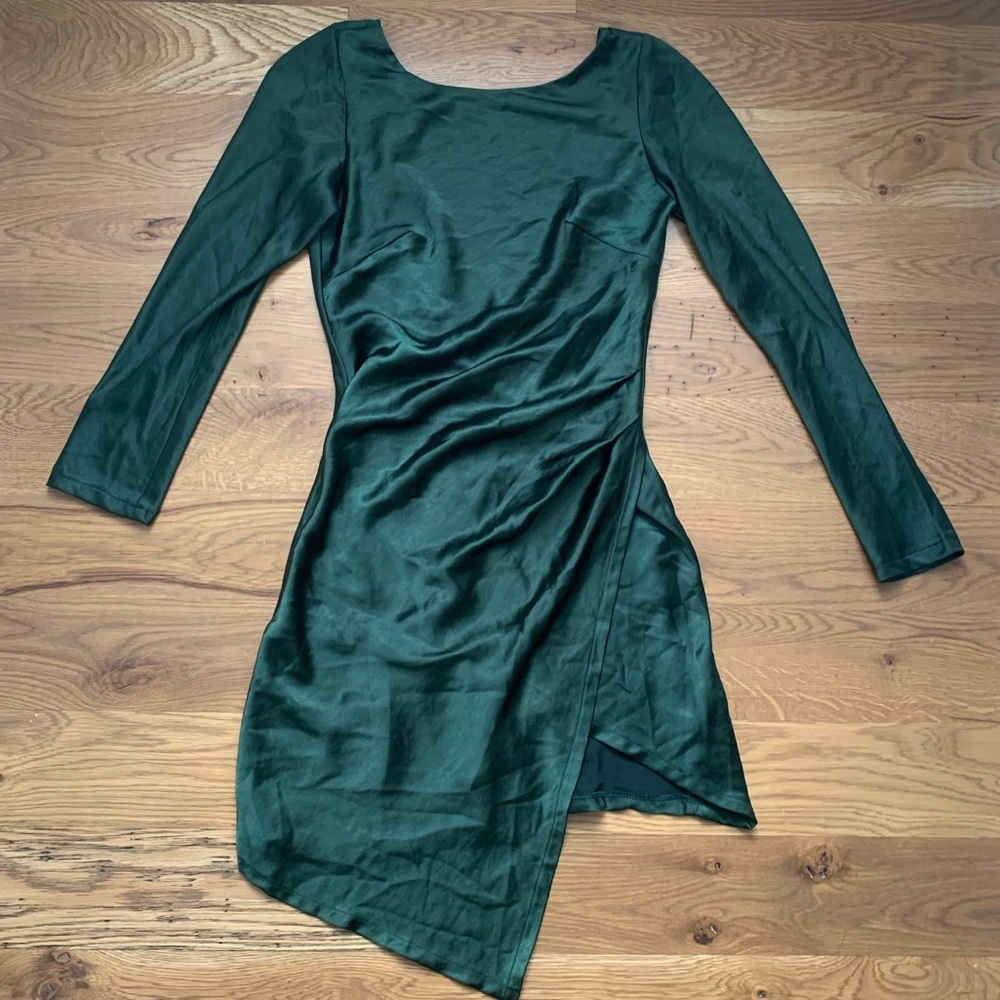 Emerald green satin cocktail mini dress